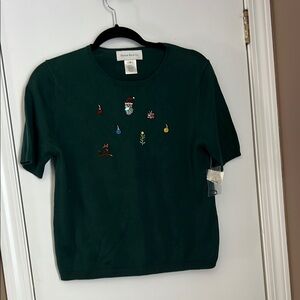 Susan Bristol Green Short Sleeve Tee with Embroidered Design